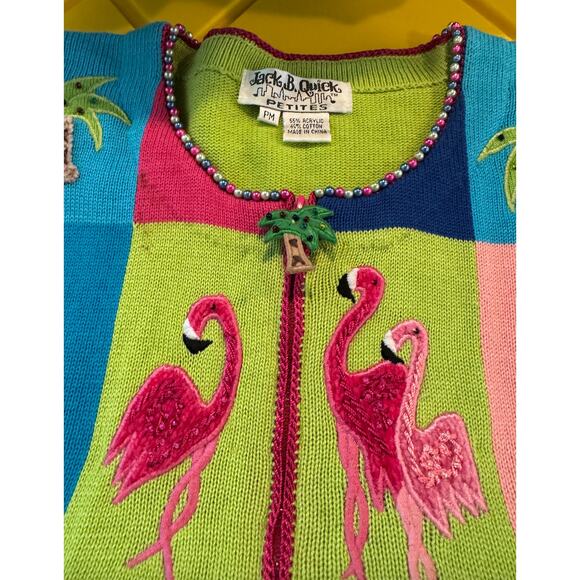 Vintage Jack B Quick Cardigan Sweater Flamingos & Palm Trees Short Sleeve ZipUp - Picture 3 of 16